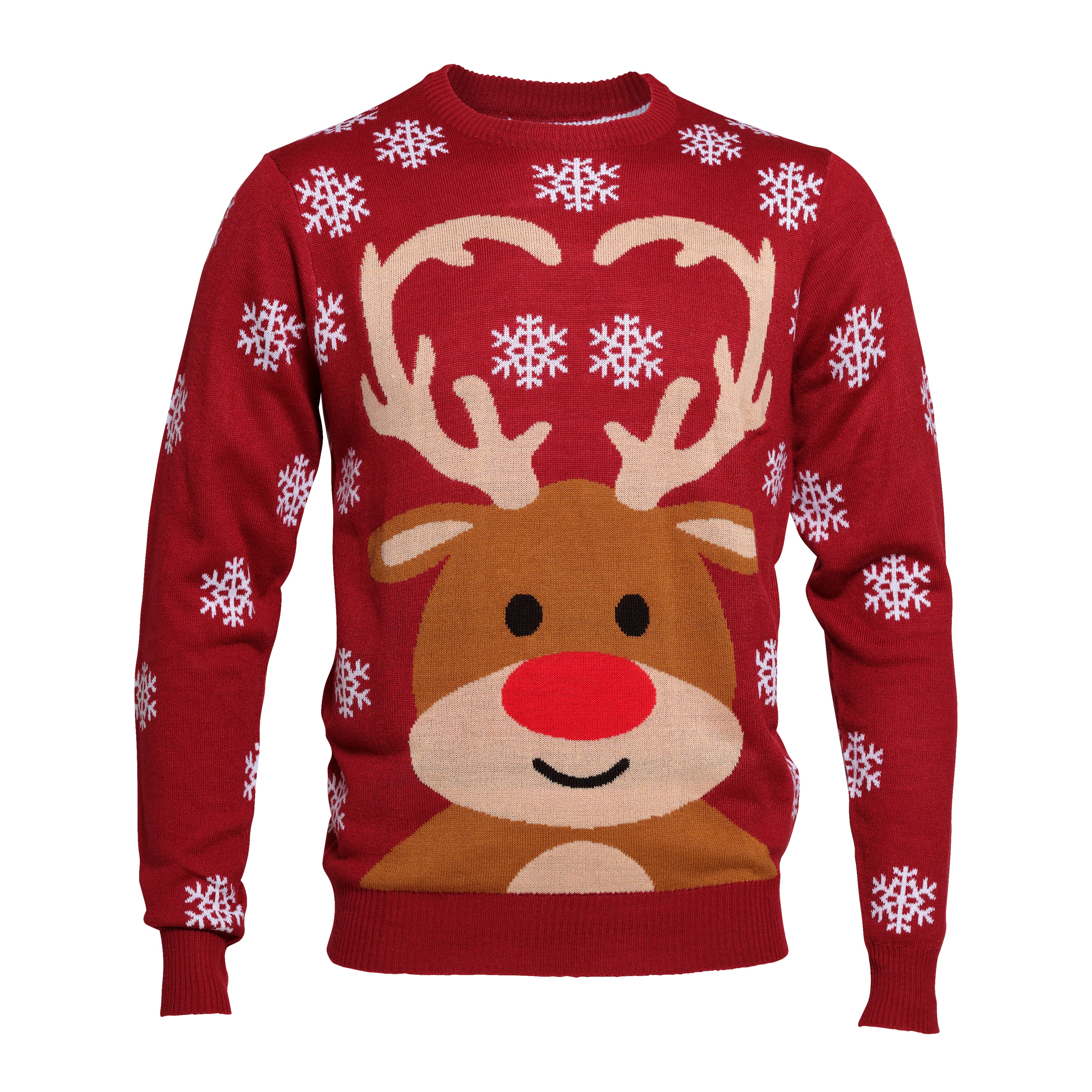 Ein roter Weihnachtspulli mit Rudolph drauf.